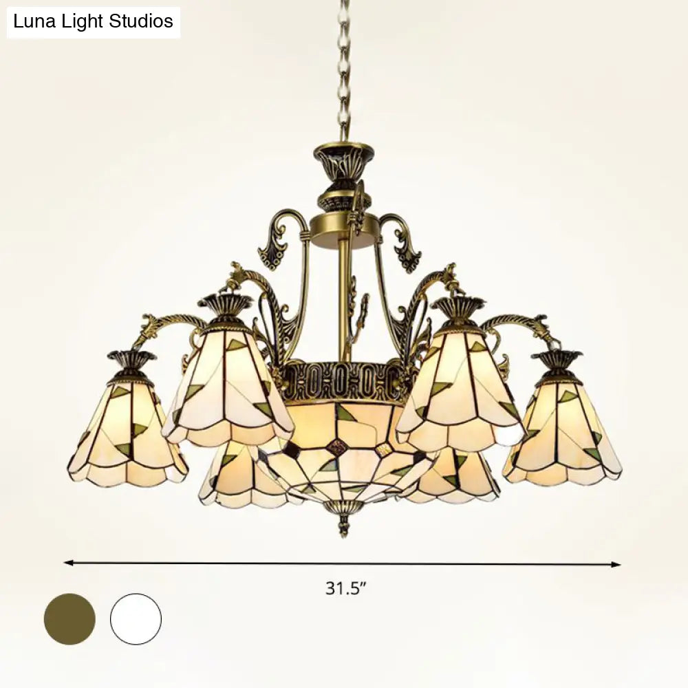 Lámpara de techo colgante de estilo mediterráneo con vitrales, disponible en 3, 5 u 11 luces, acabado en latón blanco y antiguo.