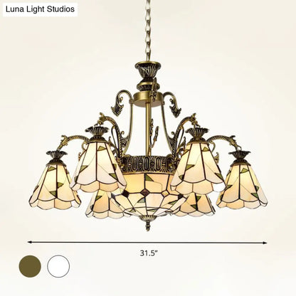 Lámpara de techo colgante de estilo mediterráneo con vitrales, disponible en 3, 5 u 11 luces, acabado en latón blanco y antiguo.