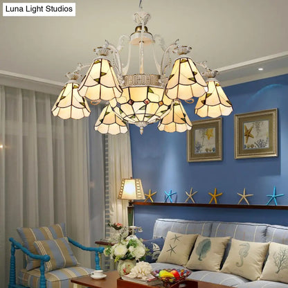 Lámpara de techo colgante de estilo mediterráneo con vitrales, disponible en 3, 5 u 11 luces, acabado en latón blanco y antiguo.