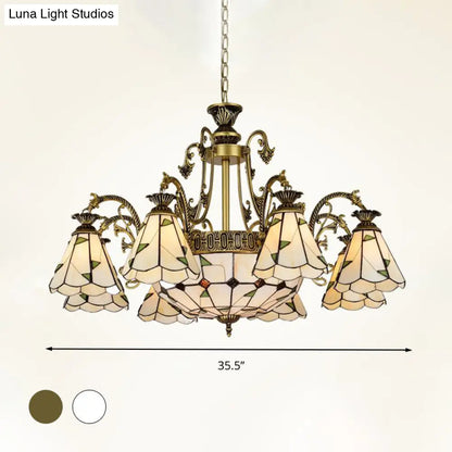 Lámpara de techo colgante de estilo mediterráneo con vitrales, disponible en 3, 5 u 11 luces, acabado en latón blanco y antiguo.