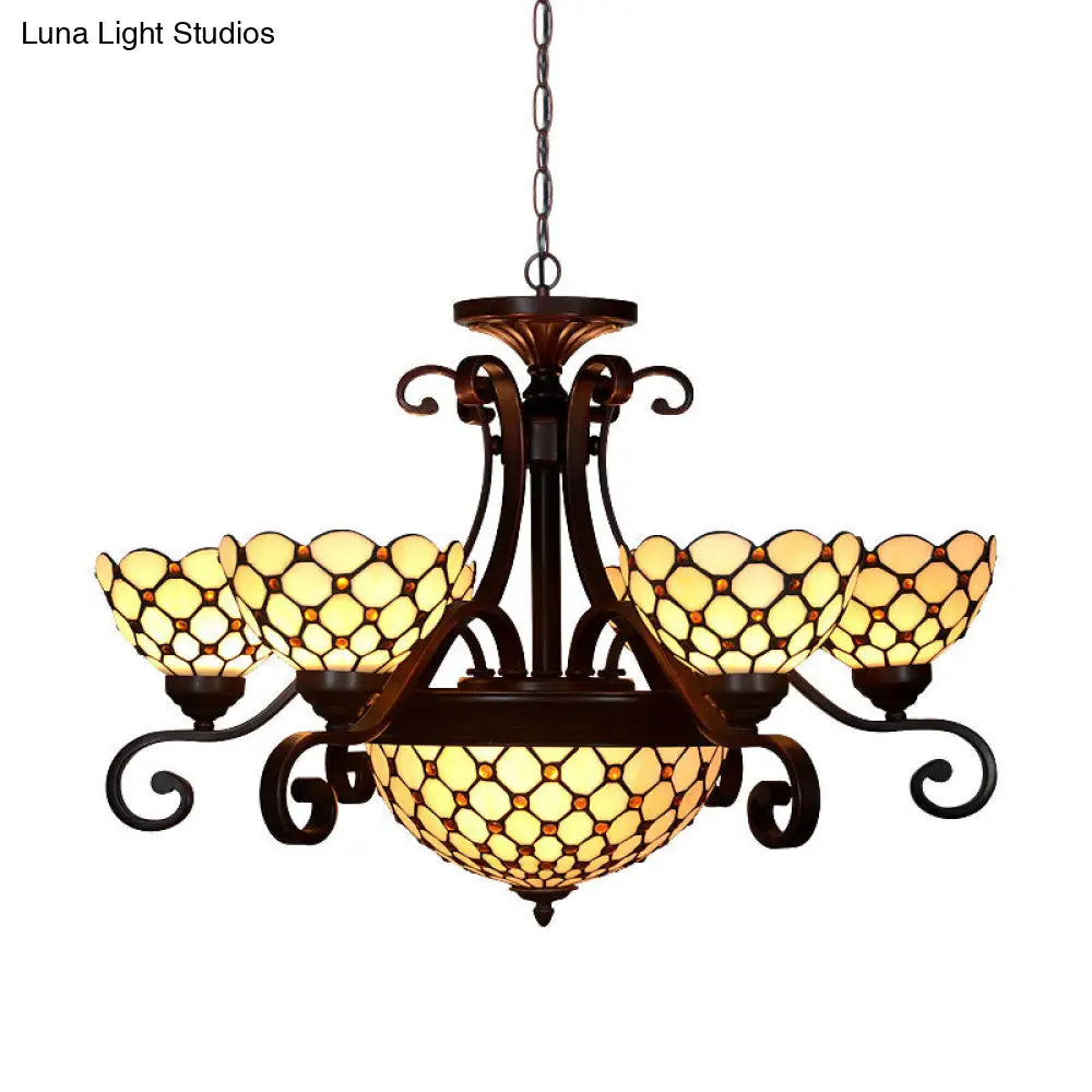 Stained Glass Chandelier Light Tiffany - Domed Design, 9 Lights - White/Red/Beige - Ideal for Living Room Suspension Lighting