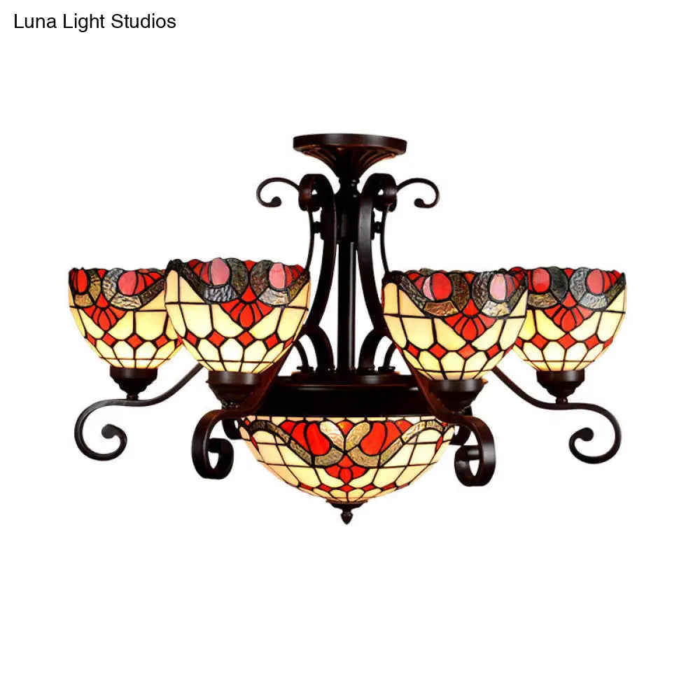 Stained Glass Chandelier Light Tiffany - Domed Design, 9 Lights - White/Red/Beige - Ideal for Living Room Suspension Lighting