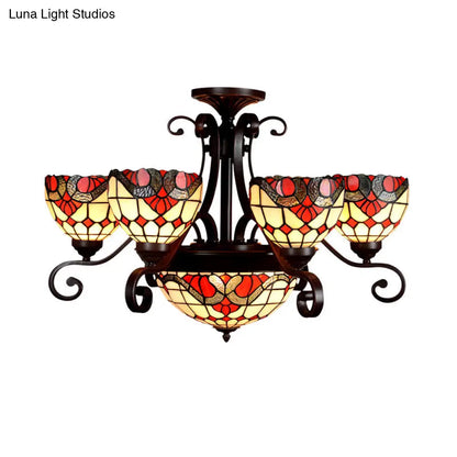 Stained Glass Chandelier Light Tiffany - Domed Design, 9 Lights - White/Red/Beige - Ideal for Living Room Suspension Lighting