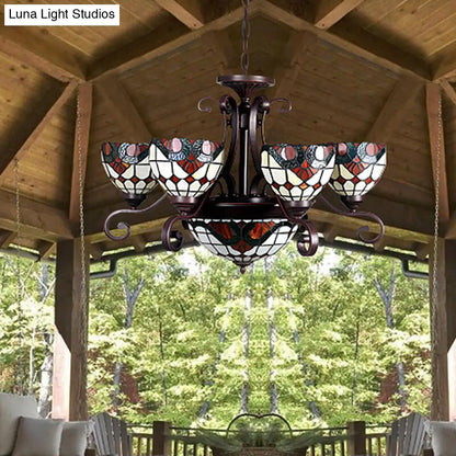 Stained Glass Chandelier Light Tiffany - Domed Design, 9 Lights - White/Red/Beige - Ideal for Living Room Suspension Lighting