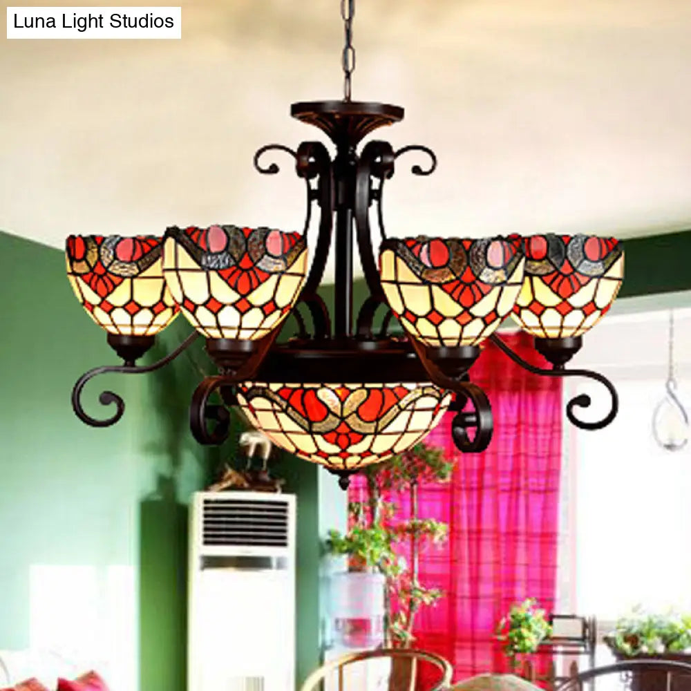 Stained Glass Chandelier Light Tiffany - Domed Design, 9 Lights - White/Red/Beige - Ideal for Living Room Suspension Lighting