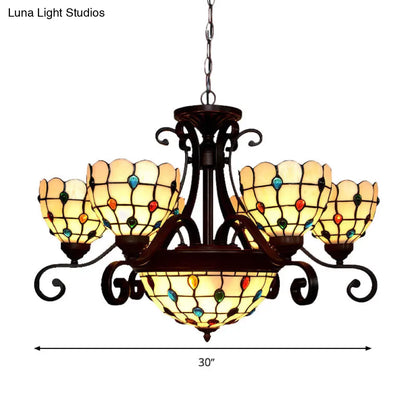 Stained Glass Chandelier Light Tiffany - Domed Design, 9 Lights - White/Red/Beige - Ideal for Living Room Suspension Lighting