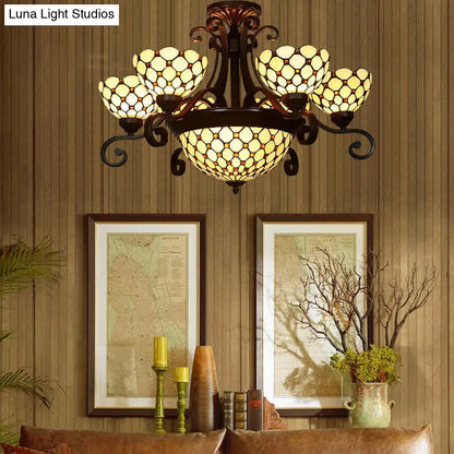 Stained Glass Chandelier Light Tiffany - Domed Design, 9 Lights - White/Red/Beige - Ideal for Living Room Suspension Lighting