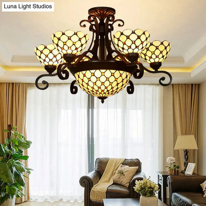 Stained Glass Chandelier Light Tiffany - Domed Design, 9 Lights - White/Red/Beige - Ideal for Living Room Suspension Lighting