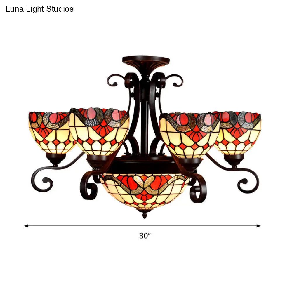 Stained Glass Chandelier Light Tiffany - Domed Design, 9 Lights - White/Red/Beige - Ideal for Living Room Suspension Lighting