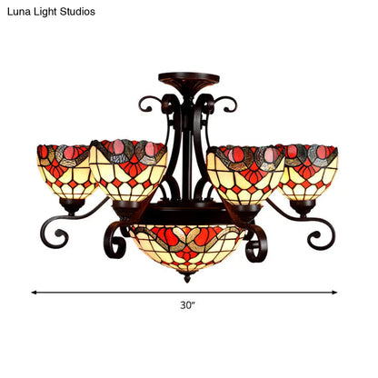 Stained Glass Chandelier Light Tiffany - Domed Design, 9 Lights - White/Red/Beige - Ideal for Living Room Suspension Lighting