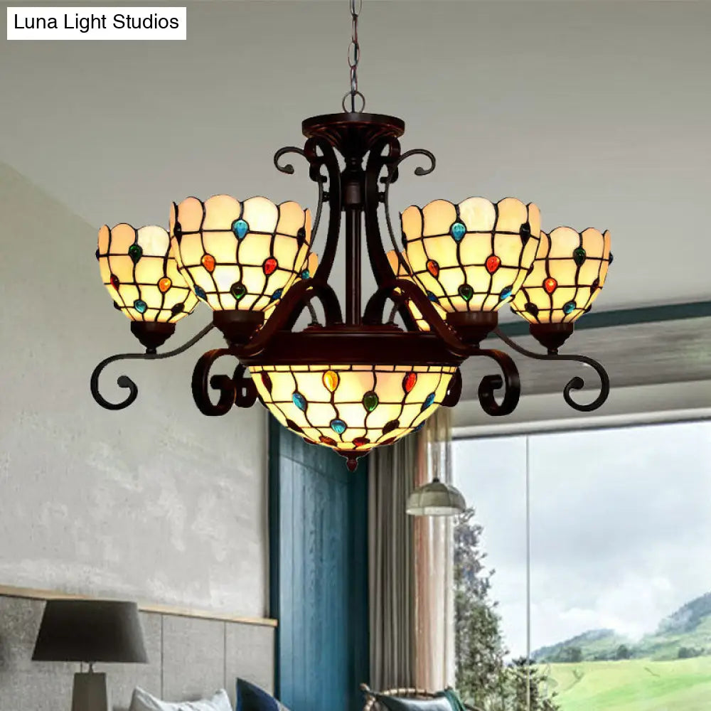 Stained Glass Chandelier Light Tiffany - Domed Design, 9 Lights - White/Red/Beige - Ideal for Living Room Suspension Lighting