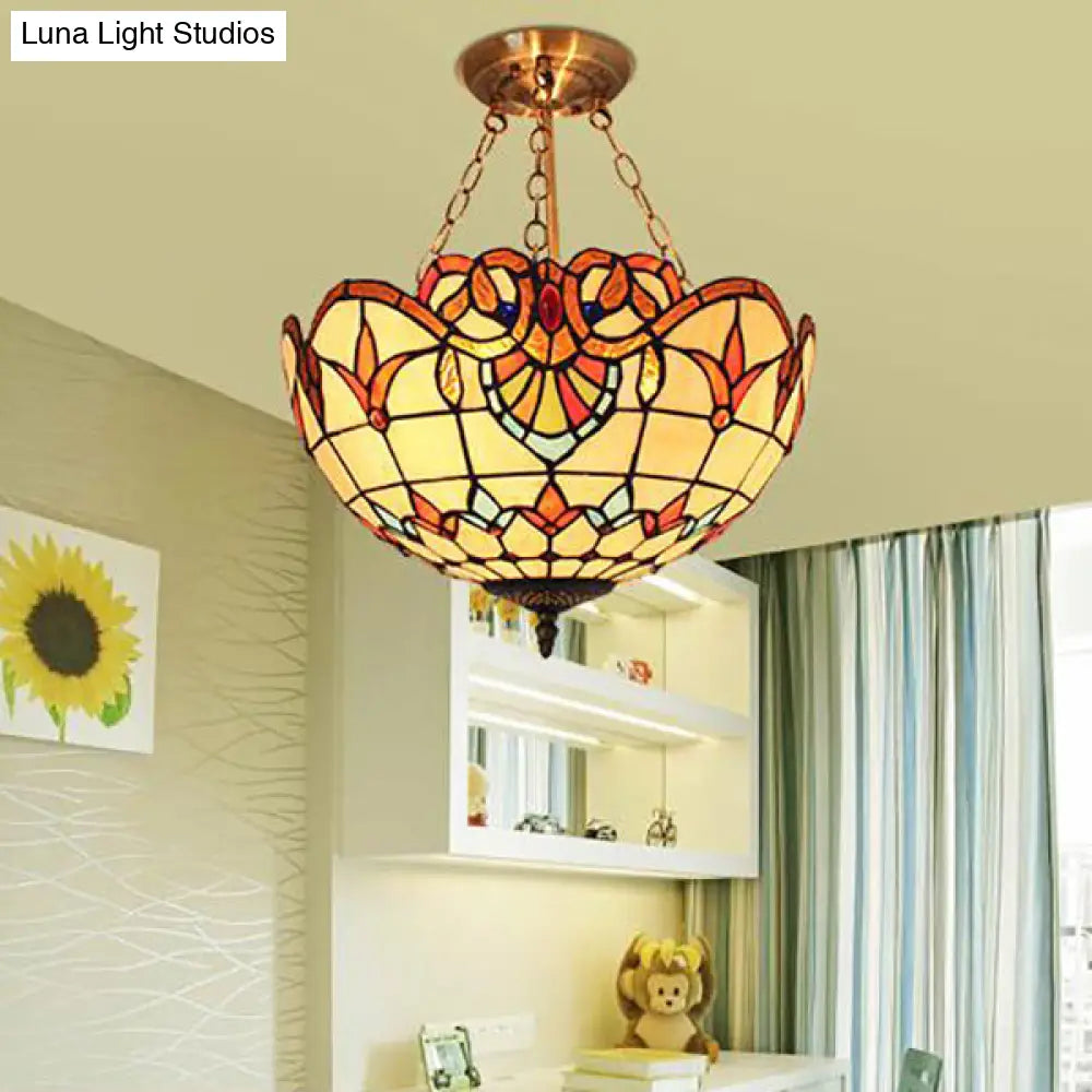 Stained Glass Chandelier Lighting: Victorian Bowl Ceiling Light with Brass Finish