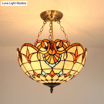 Stained Glass Chandelier Lighting: Victorian Bowl Ceiling Light with Brass Finish