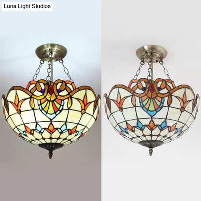 Stained Glass Chandelier Lighting: Victorian Bowl Ceiling Light with Brass Finish