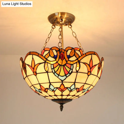 Stained Glass Chandelier Lighting: Victorian Bowl Ceiling Light with Brass Finish