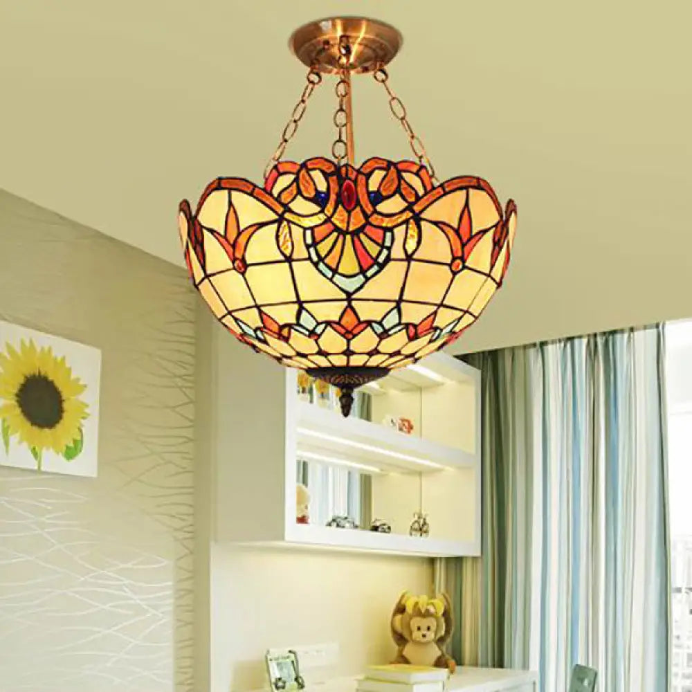 Stained Glass Chandelier Lighting: Victorian Bowl Ceiling Light with Brass Finish