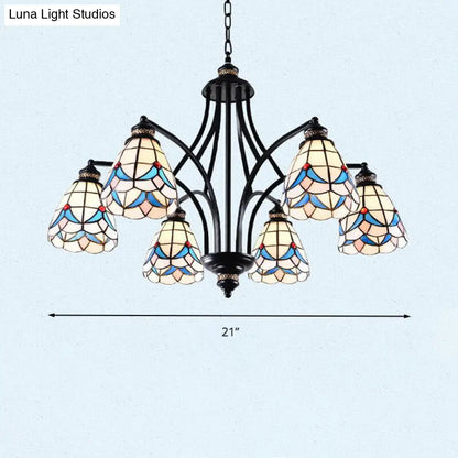Stained Glass Chandelier - Scrolling Arm, Mediterranean Design, 3/5/8 Lights, Black Suspension Fixture
