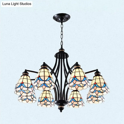 Stained Glass Chandelier - Scrolling Arm, Mediterranean Design, 3/5/8 Lights, Black Suspension Fixture