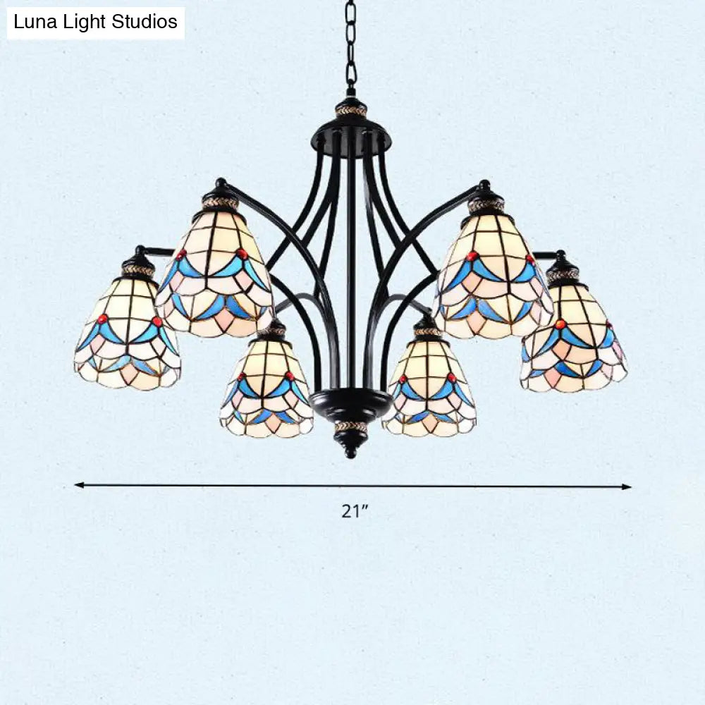 Stained Glass Chandelier - Scrolling Arm, Mediterranean Design, 3/5/8 Lights, Black Suspension Fixture
