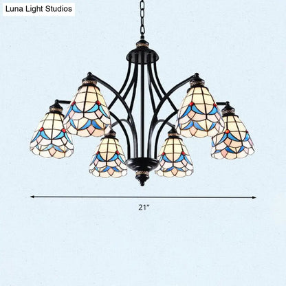 Stained Glass Chandelier - Scrolling Arm, Mediterranean Design, 3/5/8 Lights, Black Suspension Fixture