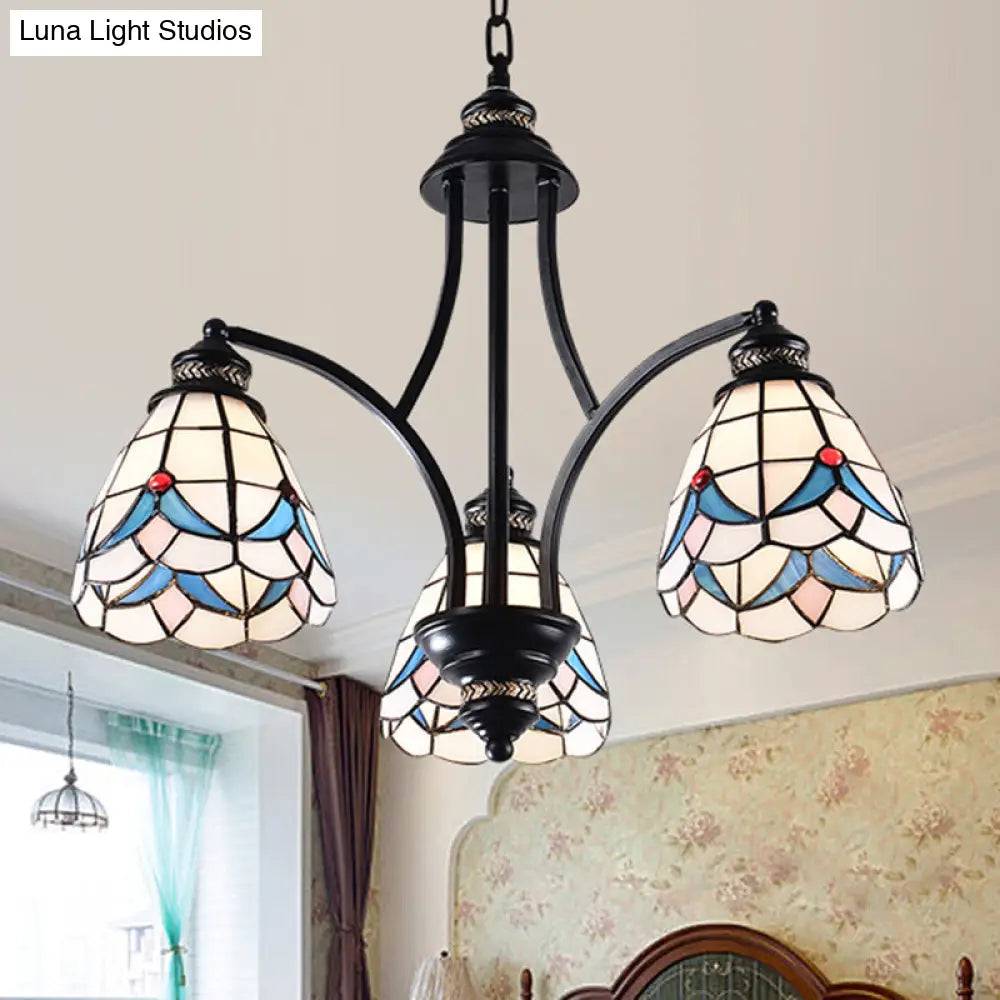 Stained Glass Chandelier - Scrolling Arm, Mediterranean Design, 3/5/8 Lights, Black Suspension Fixture