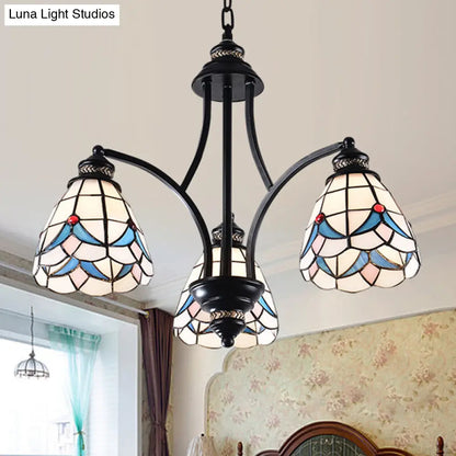 Stained Glass Chandelier - Scrolling Arm, Mediterranean Design, 3/5/8 Lights, Black Suspension Fixture