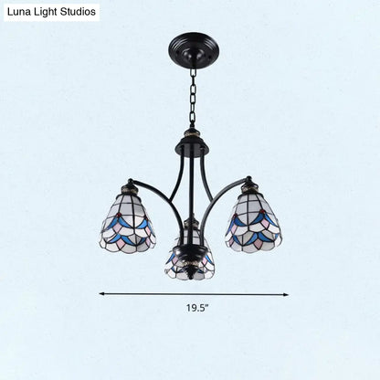 Stained Glass Chandelier - Scrolling Arm, Mediterranean Design, 3/5/8 Lights, Black Suspension Fixture