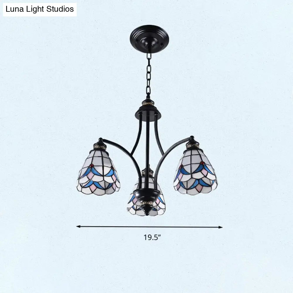 Stained Glass Chandelier - Scrolling Arm, Mediterranean Design, 3/5/8 Lights, Black Suspension Fixture