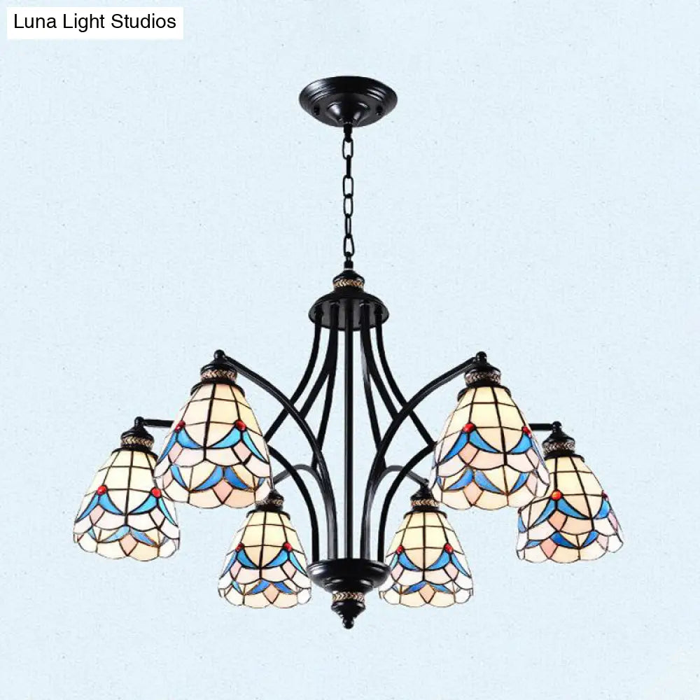 Stained Glass Chandelier - Scrolling Arm, Mediterranean Design, 3/5/8 Lights, Black Suspension Fixture