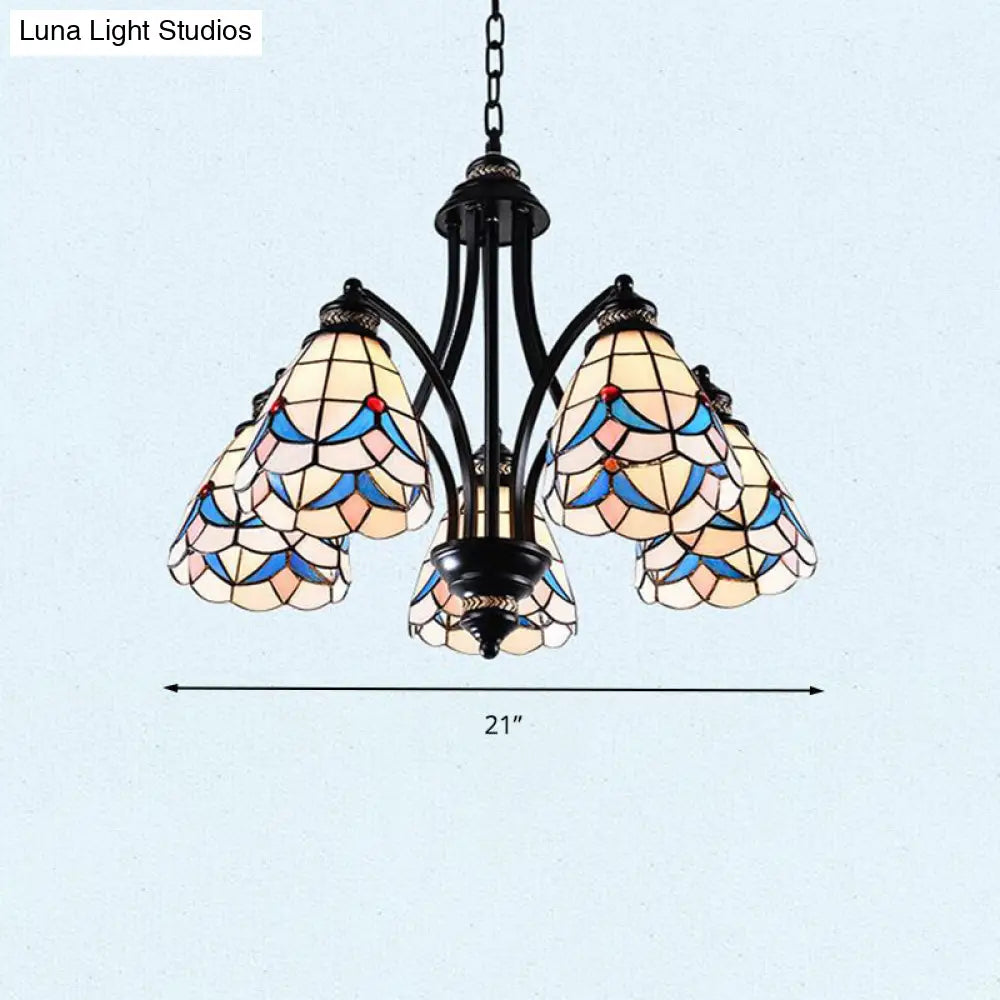 Stained Glass Chandelier - Scrolling Arm, Mediterranean Design, 3/5/8 Lights, Black Suspension Fixture