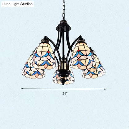 Stained Glass Chandelier - Scrolling Arm, Mediterranean Design, 3/5/8 Lights, Black Suspension Fixture