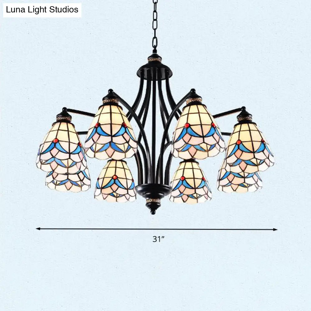 Stained Glass Chandelier - Scrolling Arm, Mediterranean Design, 3/5/8 Lights, Black Suspension Fixture