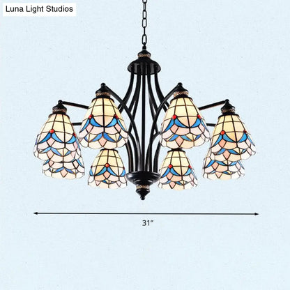 Stained Glass Chandelier - Scrolling Arm, Mediterranean Design, 3/5/8 Lights, Black Suspension Fixture