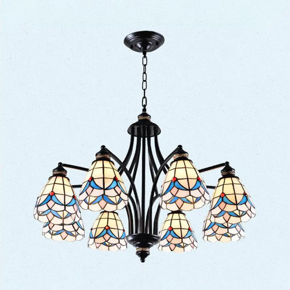 Stained Glass Chandelier - Scrolling Arm, Mediterranean Design, 3/5/8 Lights, Black Suspension Fixture
