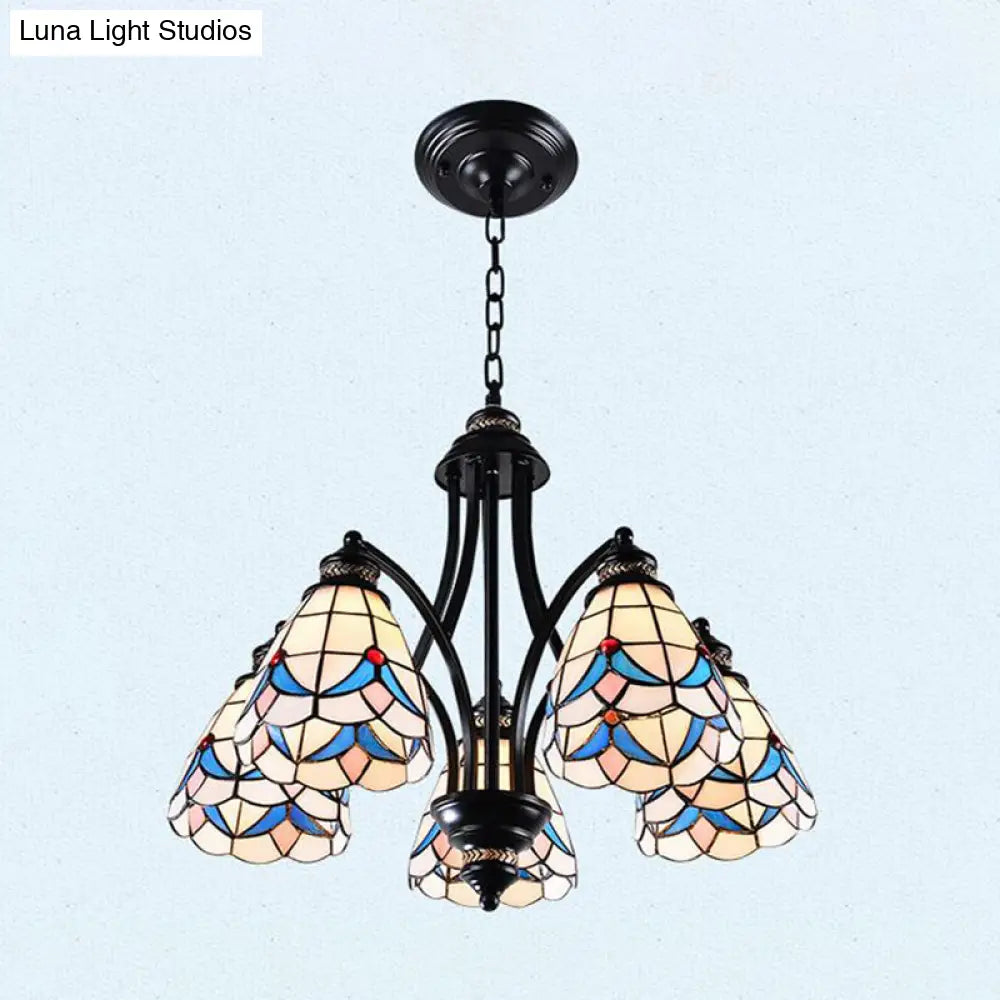 Stained Glass Chandelier - Scrolling Arm, Mediterranean Design, 3/5/8 Lights, Black Suspension Fixture