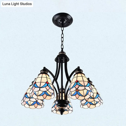 Stained Glass Chandelier - Scrolling Arm, Mediterranean Design, 3/5/8 Lights, Black Suspension Fixture
