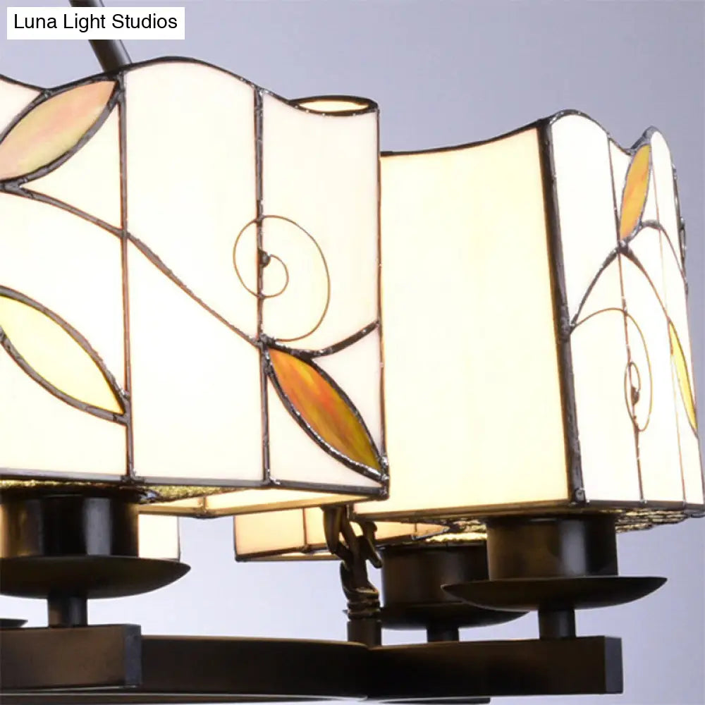 Stained Glass Chandelier: Traditional 2-Tier Leaf Suspension Light with Metal Chain in Black Finish