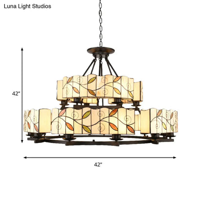 Stained Glass Chandelier: Traditional 2-Tier Leaf Suspension Light with Metal Chain in Black Finish