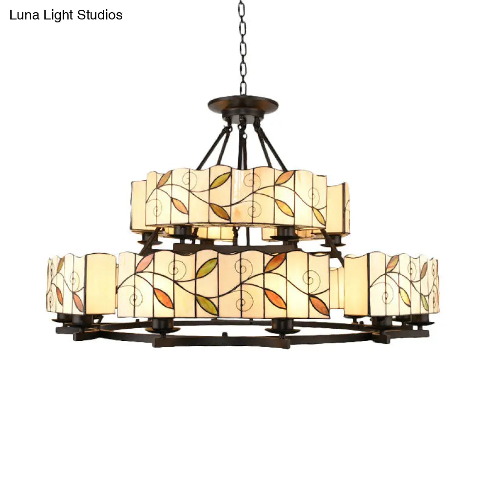 Stained Glass Chandelier: Traditional 2-Tier Leaf Suspension Light with Metal Chain in Black Finish