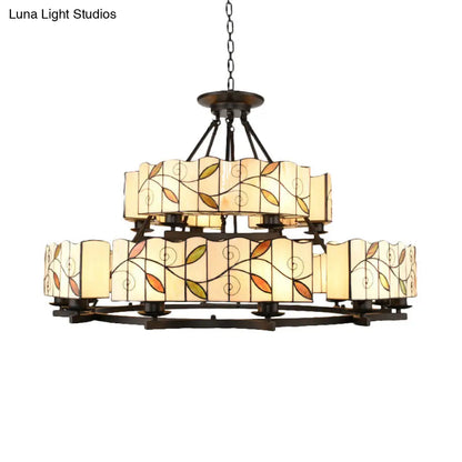 Stained Glass Chandelier: Traditional 2-Tier Leaf Suspension Light with Metal Chain in Black Finish