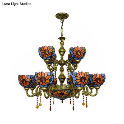 Stained Glass Chandelier with 15 Orange and Blue Heads for Living Room