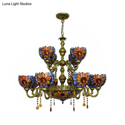 Stained Glass Chandelier with 15 Orange and Blue Heads for Living Room