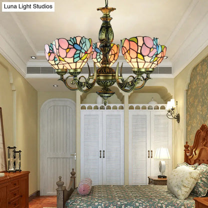 Stained Glass Chandelier with Lodge Bowl, Bird, and Flower Design - Antique Bronze Finish - 5 Lights