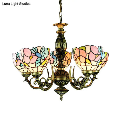 Stained Glass Chandelier with Lodge Bowl, Bird, and Flower Design - Antique Bronze Finish - 5 Lights