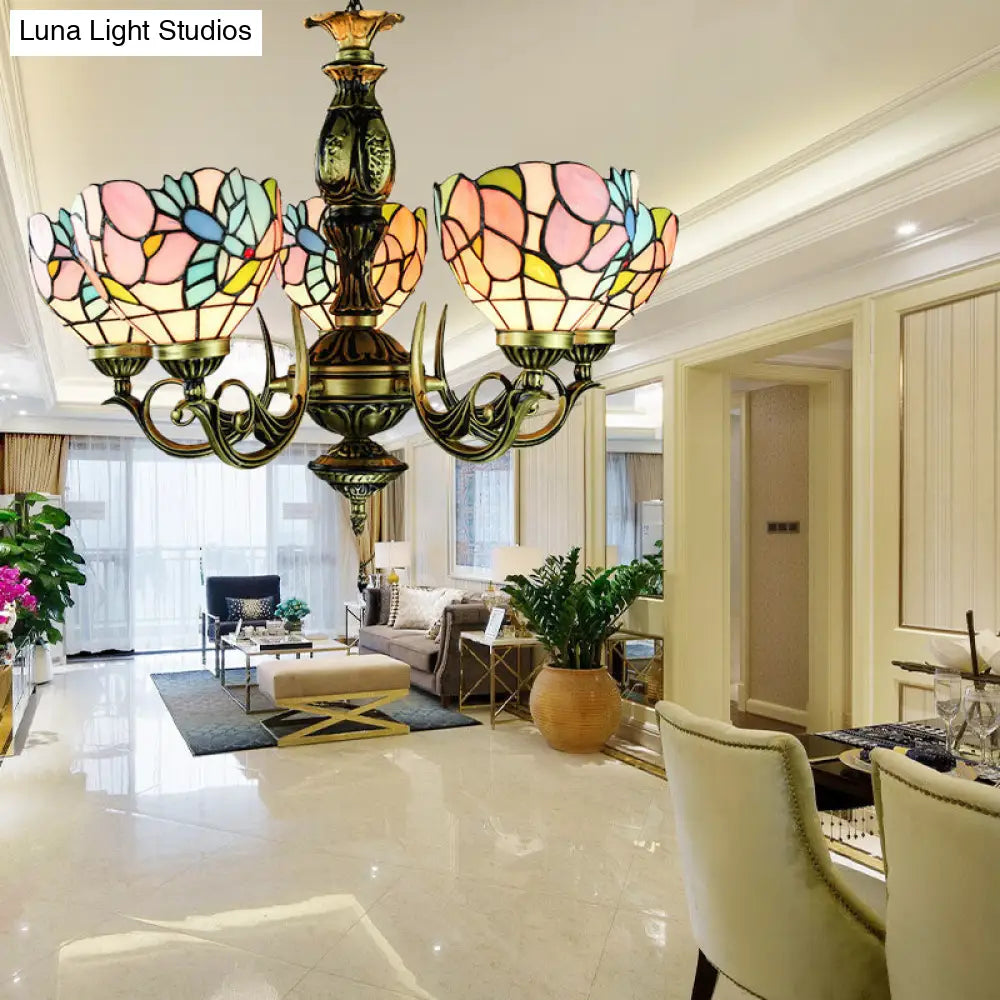 Stained Glass Chandelier with Lodge Bowl, Bird, and Flower Design - Antique Bronze Finish - 5 Lights