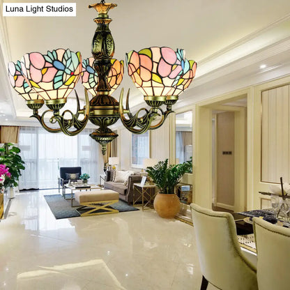 Stained Glass Chandelier with Lodge Bowl, Bird, and Flower Design - Antique Bronze Finish - 5 Lights