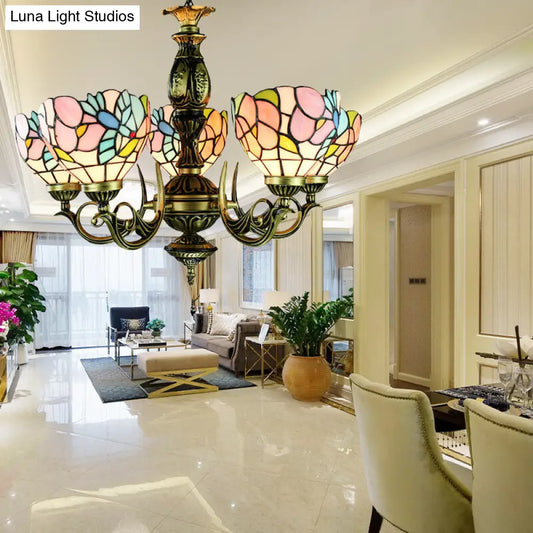 Stained Glass Chandelier with Lodge Bowl, Bird, and Flower Design - Antique Bronze Finish - 5 Lights