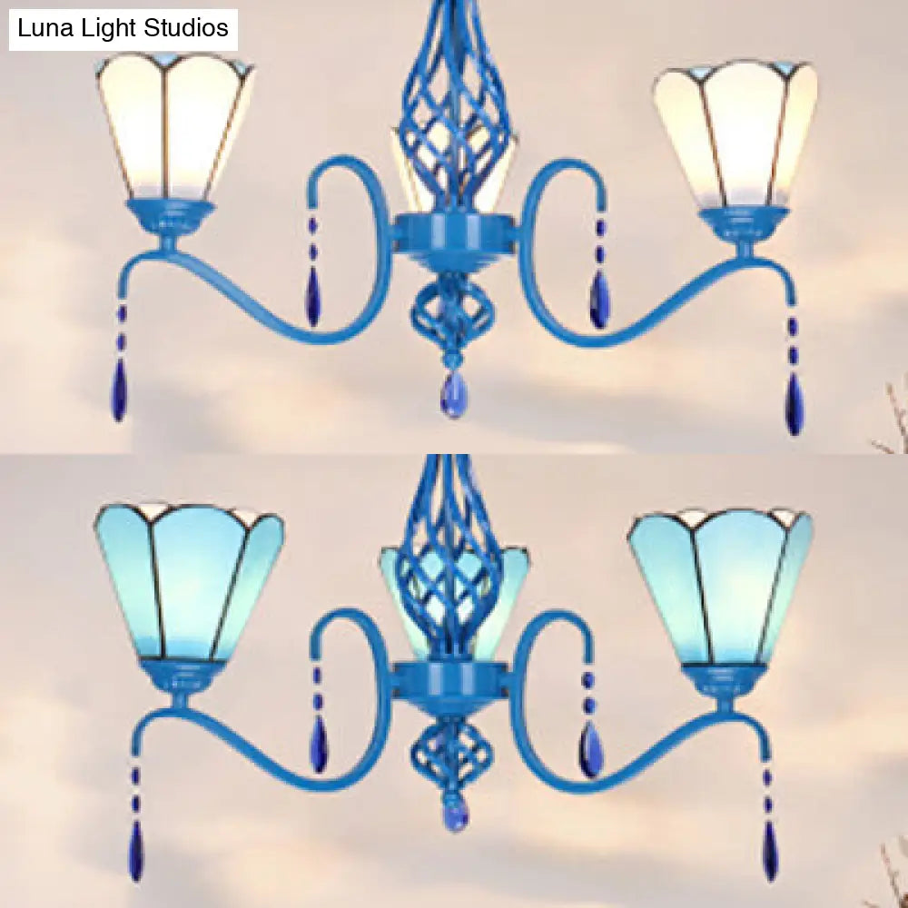 Stained Glass Cone Chandelier with Crystal Accents – 3 Lights, Blue Finish, Ideal for Living Room