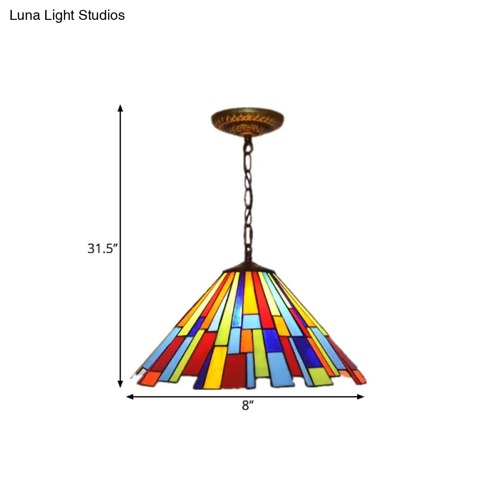 Stained Glass Cone Pendulum Light 8"/13" W- Brass Frame with Elegant Rectangle Pattern - 1 Bulb Suspended Lamp