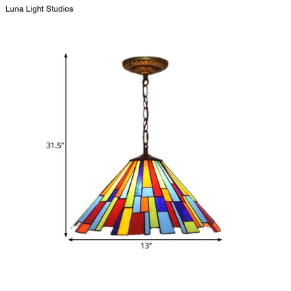 Stained Glass Cone Pendulum Light 8"/13" W- Brass Frame with Elegant Rectangle Pattern - 1 Bulb Suspended Lamp